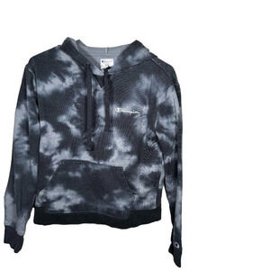 Champion Blue and White Cropped Tie Dye Hoodie